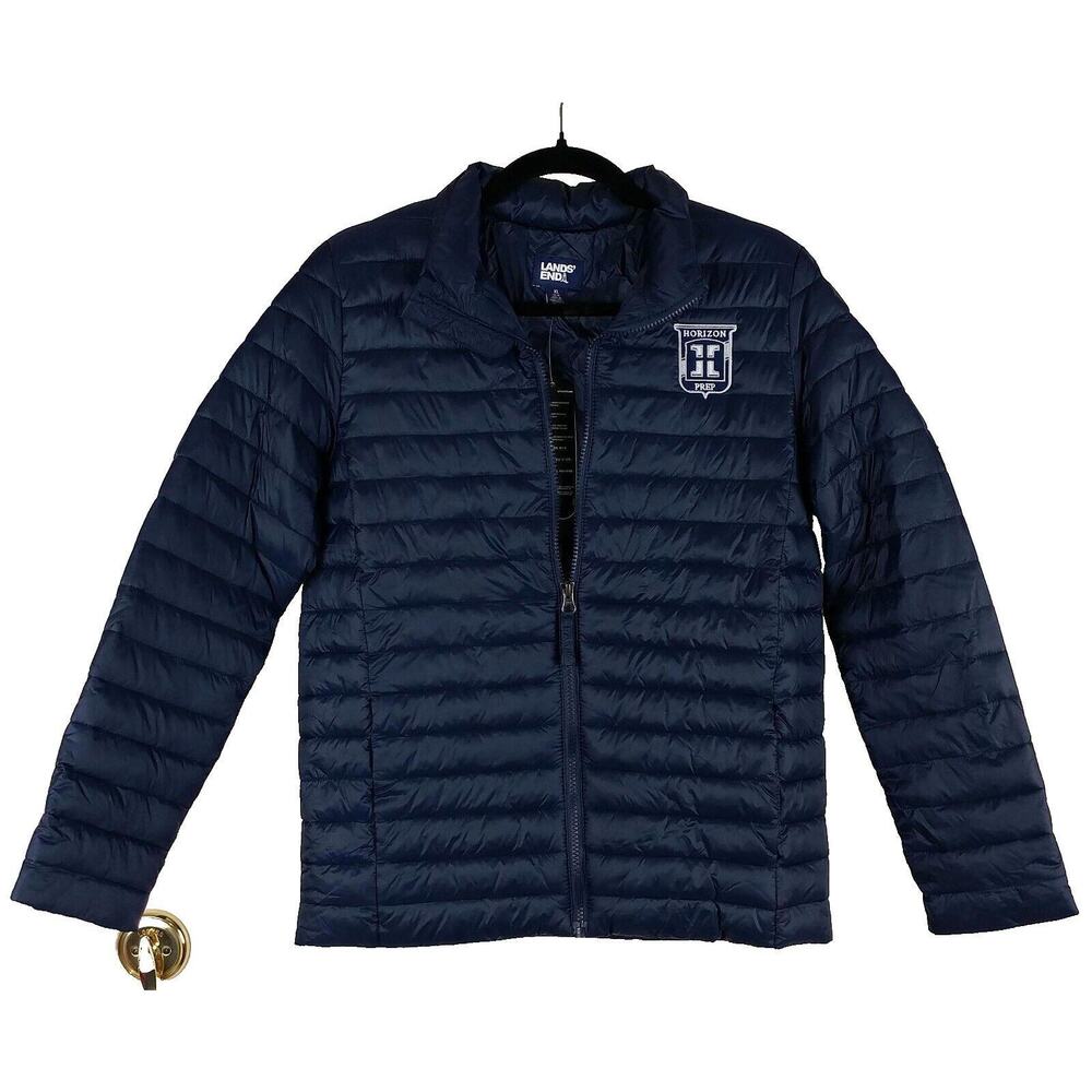 Lands' End ThermoPlume Puffer Jacket Navy Blue Boys XL Large (Horizon Prep Logo)